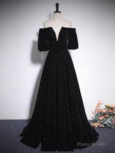 A-Line V Neck Velvet Black Long Prom Dress, Black Formal Evening Dress