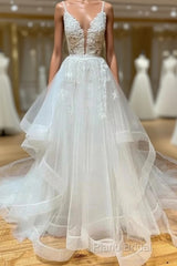 A Line V Neck White Lace Long Ruffles Wedding Dresses