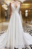 A Line V Neck White Wedding Dresses with Lace Back, White V Neck Formal Prom Formal Dresses