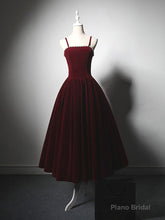 A-Line Velvet Tea Length Burgundy Prom Dress, Burgundy Cocktail Dress