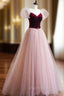 A-Line Velvet Tulle Long Formal Prom Dresses, Pink Short Sleeve Formal Evening Dresses