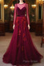 A-Line Wine Red Velvet And Tulle Long Party Dresses, Wine Red Formal Dresses Formal Prom Dresses