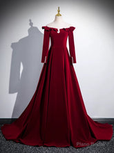 A-line Wine Red Velvet Long Sleeves Low Back Prom Dress, Wine Red Party Dress