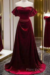 A-Line Wine Red Velvet Sweetheart Wedding Party Dresses, Wine Red Velvet Formal Prom Dresses
