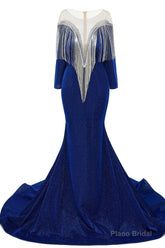 Deep V-neck Shiny Royal Blue Prom Dresses Long sleeves Mermaid Evening Party Dresses