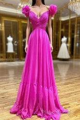 Lace-Up Fuchsia V-Neck Ruffle Pleated Long Formal Prom Dresses