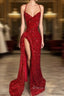 Red Sequins Formal Prom Dresses with Slit Shiny Floor-Length Party Dresses