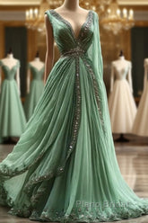 Aesthetic A-Line V Neckline Green Tulle  Long Formal Prom Dresses Sweet Beaded Evening Dresses
