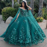 Dark Green Organza Off-the-Shoulder Ball Gown Quinceanera Dress