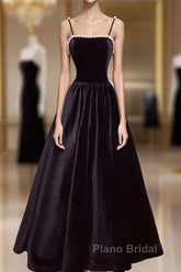 Aline Black Velvet Long Formal Prom Dresses, Black Formal Graduation With Beading