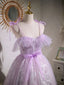 Aline Lace Short Purple Formal Prom Dresses, Puffy Purple Homecoming Dresses