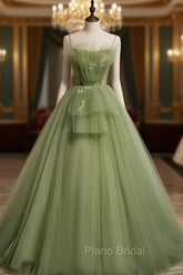 Aline Tulle Green Long Formal Prom Dresses, Green Formal Graduation Dresses with Beading