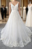 Amazing Long A-line V-neck Ruffle Appliques Tulle Wedding Dress