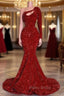 Amazing Red Long Sleeves Formal Prom Dresses One-Shoulder Mermaid With Sequins