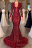 Amazing Sequins V-neck Long Sleeve Mermaid Formal Prom Dresses