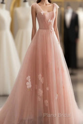 Appliques Straps Long Pink Tulle Flowers Formal Prom Dresses