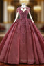 At Incredible Price Burgundy Ball Gown Organza Beading Long Sleeve Formal Prom Dresses