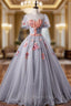 Available In Sizes 0-24 Gray Ball Gown Tulle Appliques Short Sleeve Quinceanera Dresses