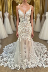 Elegant V Neck Mermaid Lace Appliques Wedding Dresses