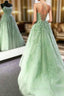 Backless Mint Green Lace Formal Prom Dresses, Mint Green Open Back Lace Formal Evening Dresses