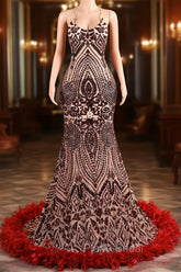 Backless Sequins Mermaid Formal Prom Dresses Burgundy Party Evening Dresses with Feather Chapel Train