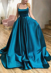 Ball Gown A-line Square Neckline Spaghetti Straps Sweep Train Satin Prom Dresses With Pleated Pockets