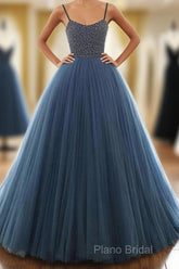 Ball Gown Deep Blue Tulle Formal Prom Dresses Formal Dresses With Beading,