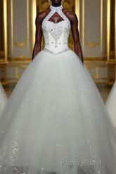 Ball Gown Halter Floor-Length Tulle Wedding Dresses With Beading