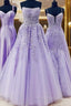 Ball Gown Strapless Purple Violet Formal Prom Dresses Lace Long Formal Gown