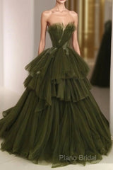 Ball Gown Strapless Tulle Long Green Formal Prom Dresses Formal Dresses