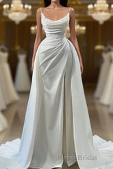 Modern White Spaghetti Straps Wedding Gowns With Beads Long