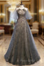 Be Crowned Formal Prom Queen In Short Sleeves Halter Gray Tulle Sparkle Sequin Backless Formal Prom Dresses