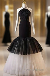 Beading Mermaid Black And White Halter Tulle Formal Prom Dresses