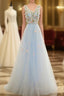 Beautiful Blue V-Neckline Floral Lace Tulle Party Dresses, A-Line Blue Formal Dresses Formal Prom Dresses