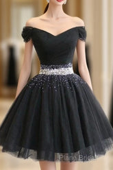 Beautiful Cute Charming Black Tulle V Neck Beaded Short Dresses, Black Homecoming Dresses