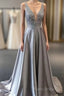 Beautiful Elegant Silver Grey Formal Prom Dresses,Beaded Formal Gowns,V Neck Formal Dresses,Special Occasion Dresses