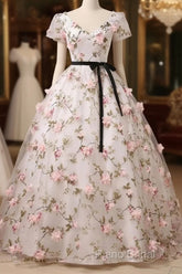 Beautiful Flowers Ball Gown Long Party Dresses, Short Sleeves Formal Prom Dresses