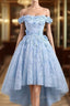 Beautiful Off The Shoulder Blue Formal Prom Dresses Lace Applique, High Low Formal Prom Dresses