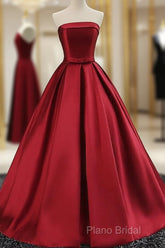 Beautiful Satin Scoop Floor Length Ball Formal Prom Dresses , Dark Red Sweet 16 Gown