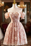 Beautiful Tulle Flower Knee Length Formal Prom Dresses, Off the Shoulder Short Sleeve Evening Party Dresses