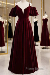 Beautiful Wine Red Velvet Off Shoulder Floor Length Party Dresses, Velvet Junior Formal Prom Dresses