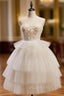 Beige Sweetheart Neck Tulle Puffy Short Formal Prom Dresses, Beige Homecoming Dresses