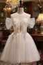 Beige Tulle Off the Shoulder Sequins Homecoming Dresses