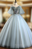 Best For You Light Blue Ball Gown Tulle Spagehtti Straps Short Sleeve Quinceanera Dresses