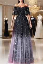 Black A-Line Gradient Tulle Short Sleeves Formal Prom Dresses, Black Long Evening Dresses