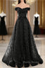 Black A-Line Lace Off Shoulder Tulle With Lace Formal Prom Dresses, Black Long Evening Dresses