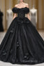 Black A-Line Off-The-Shoulder Tulle 3D Applique Long Formal Prom Dresses,Adult Ceremony Graduation Formal Prom Dresses