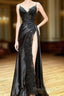 Black A-Line Paghetti Straps Split Lace Applique Formal Prom Dresses, Black Formal Dresses