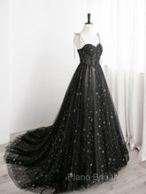 Black A line Sweetheart Neck Tulle Long Formal Prom Dresses, Black Formal Graduation Dresses