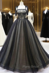 Black A-Line Tulle Long Formal Prom Dresses, Black Tulle Formal Evening Dresses